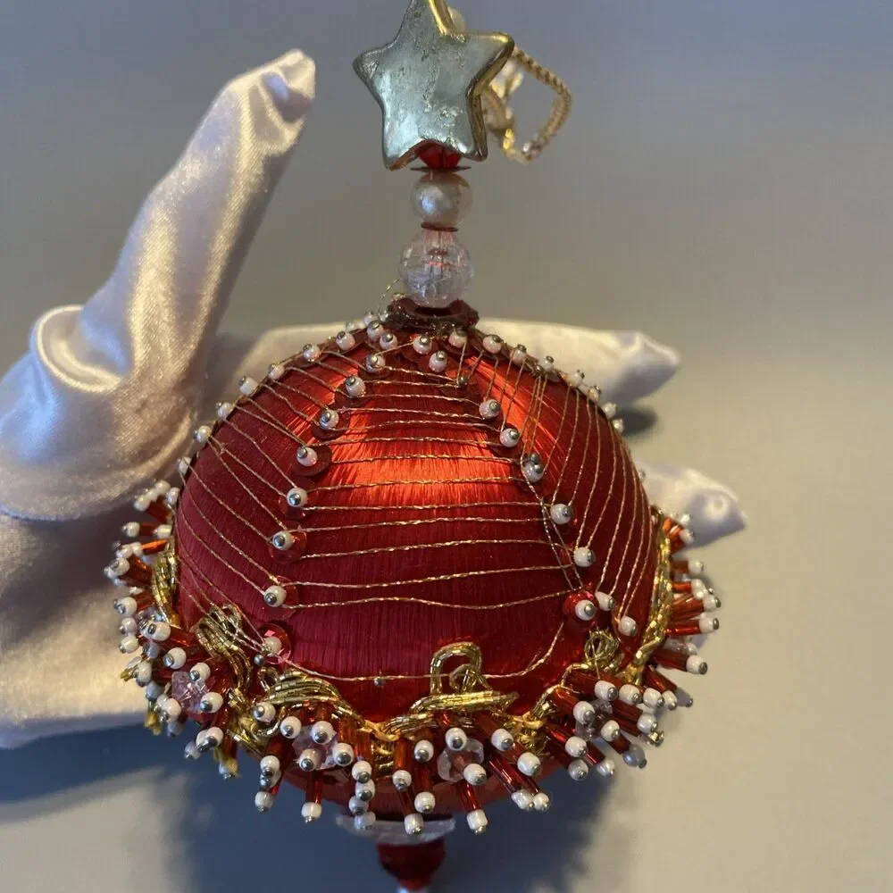 Vintage Christmas Red Gold Beaded Push Pin Ornate Ball Ornament Large Handmade
